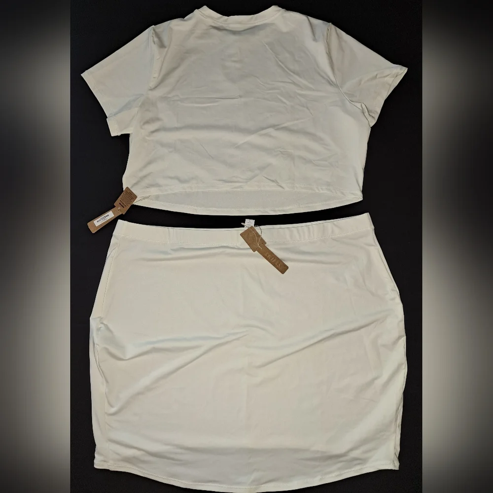 ⛱️ NWT SKIMS 2 Piece Swim Tee Shirt Top & Swim Tube Skirt Set White MARBLE 3X
